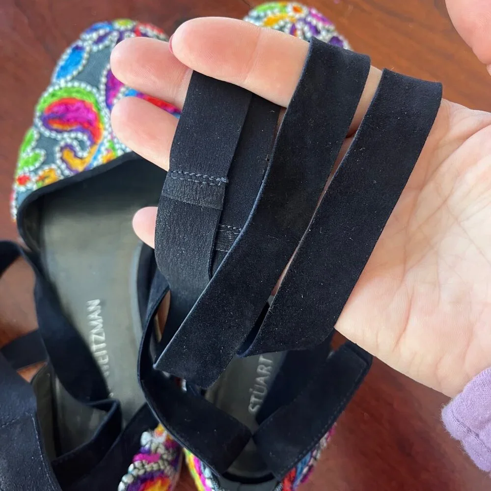 Stuart Weitzman Embroidered Denim Espadrille Flats With Black Ribbon Tie- Sz. 9.